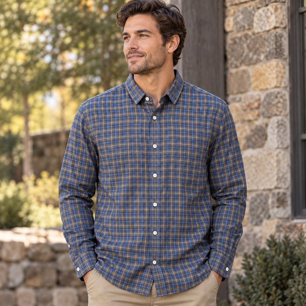Faherty The Movement Shirt Mens M Blue Brown Plaid Excellent Reserve MWC0082